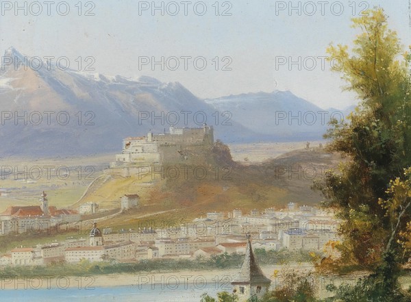 The Hohensalzburg Fortress, Salzburg, Austria, based on a painting by Hubert Sattler (1817-1904), reproduction from a 19th-century model. Authentic, file restored for optimal use, exact date of original unknown