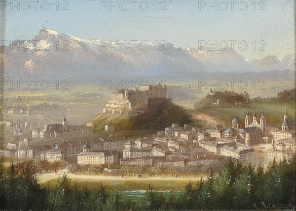 View of Salzburg, Austria, based on a painting by Hubert Sattler (1817-1904), reproduction from a 19th-century model. Authentic, file restored for optimal use, exact date of original unknown