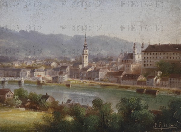 View of Linz, Austria, based on a painting by Hubert Sattler (1817-1904), reproduction from a 19th century model. Authentic, file restored for optimal use, exact date of original unknown