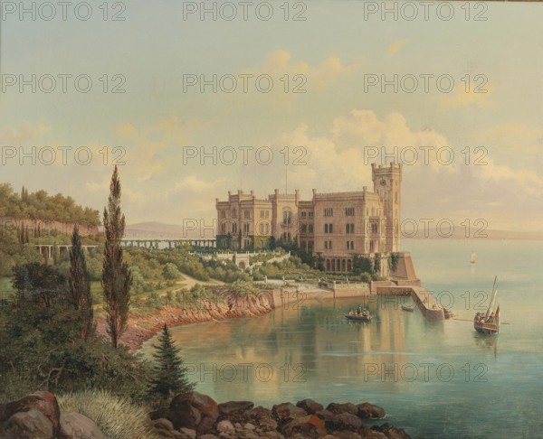 Miramare Castle near Trieste, Italy, based on a painting by Hubert Sattler (1817-1904), reproduction from a 19th century model. Authentic, file restored for optimal use, exact date of original unknown
