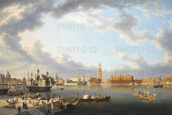 View from San Giorgio Maggiore of Venice, Italy, based on a painting by Hubert Sattler (1817-1904), reproduction from a 19th-century model. Authentic, file restored for optimal use, exact date of original unknown