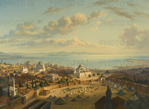 View of Constantinople, Istanbul, from the watchtower of Bevazit, Turkey, based on a painting by Hubert Sattler (1817-1904), reproduction from a 19th-century model. Authentic, file restored for optimal use, exact date of original unknown