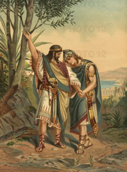 Biblical scene, Bible, the friendship between David and Jonah, a deep and unshakable bond that is often described as one of the strongest friendships in the Bible. Jonathan, the son of King Saul, and David became close friends immediately after they met, illustration, reproduction from a 19th-century model. Authentic, file restored for optimal use, exact date of submission unknown, historical