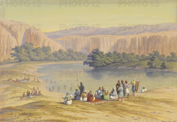 Bath scene with Arab guests, Turkey, based on a painting by Hubert Sattler (1817-1904), reproduction from a 19th century model. Authentic, file restored for optimal use, exact date of original unknown