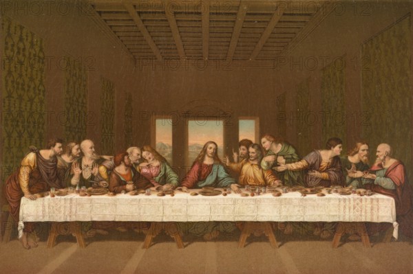 Biblical scene, Bible, The Last Supper, a central event in Christianity, the evening in front of the crucifixion of Jesus with his twelve apostles. The term refers both to the historical event that founded the Eucharist, illustration and reproduction from a model from the 19th century. Authentic, file restored for optimal use, exact date of submission unknown, historical