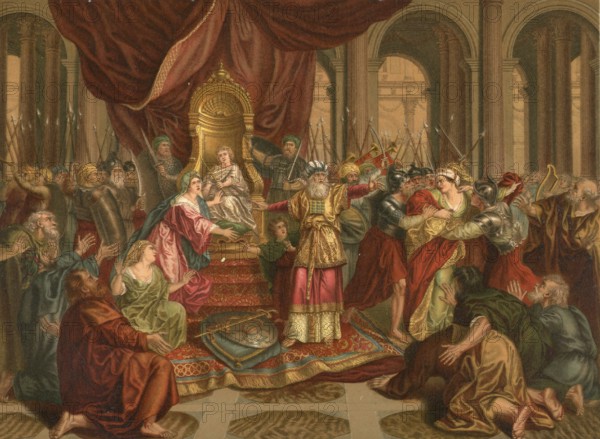 Biblical scene, Bible, The murder of Queen Athalia, Atalja was the daughter of the Israelite king Ahab and Jezebel, illustration, reproduction from a 19th-century model. Authentic, file restored for optimal use, exact date of submission unknown, historical