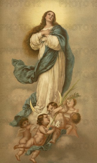 Biblical scene, Bible, The Immaculate Conception, a central dogma of the Catholic Church which states that Our Lady Mary was preserved from original sin from the very first moment of her existence, i.e. at her own conception by her parents, illustration, reproduction from a 19th-century model. Authentic, file restored for optimal use, exact date of submission unknown, historical