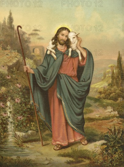 Biblical scene, Bible, The Good Shepherd, refers to Jesus Christ in the Christian tradition and is a central biblical image of his role as a caring, protective and sacrificial leader, illustration, reproduction from a 19th-century model. Authentic, file restored for optimal use, exact date of submission unknown, historical