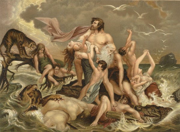 Biblical scene, Bible, The Flood, a myth from various cultures in which a global flood disaster destroys humanity, apart from a few survivors who are rescued on an ark, illustration, reproduction from a 19th-century model. Authentic, file restored for optimal use, exact date of submission unknown, historical