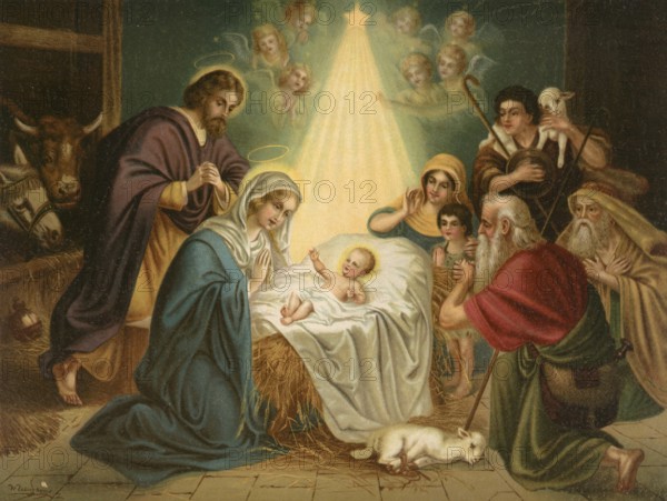 Biblical scene, Bible, The Birth of Christ, biblical story of the birth of Jesus, which is described in the New Testament, especially in the gospels of Luke and Matthew. The traditional celebration of Christmas on December 25th is a symbolic date that was probably set in the 4th century to superimpose traditional pagan holidays such as Sol Invictus, illustration, reproduction from a 19th-century model. Authentic, file restored for optimal use, exact date of submission unknown, historical