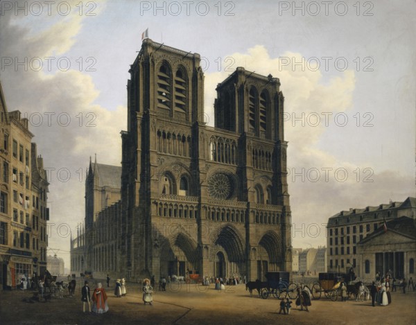 The Notre Dame Cathedral in Paris, France, based on a painting by Hubert Sattler (1817-1904), reproduction from a 19th-century model. Authentic, file restored for optimal use, exact date of original unknown