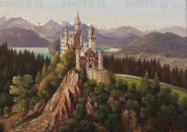 Neuschwanstein Castle in Schwangau, Bavaria, Germany, based on a painting by Hubert Sattler (1817-1904), reproduction from a 19th-century model. Authentic, file restored for optimal use, exact date of original unknown