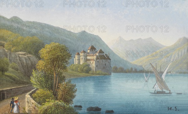 Chillon Castle on Lake Geneva, Switzerland, based on a painting by Hubert Sattler (1817-1904), reproduction from a 19th century model. Authentic, file restored for optimal use, exact date of original unknown