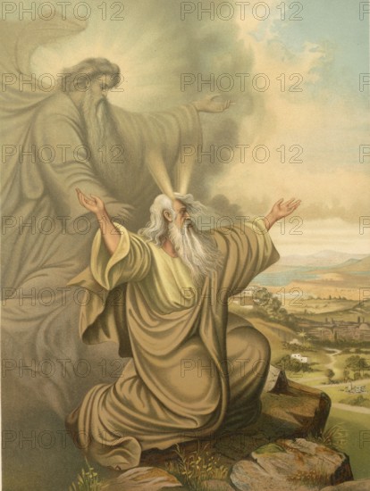 Biblical scene, Bible, The Lord shows Moses the Promised Land from Mount Nebo, which Moses himself was not allowed to enter due to disobedience. From the top of the mountain, Moses was able to overlook the land of Canaan in front of he died there according to biblical tradition, illustration, reproduction from a 19th-century model. Authentic, file restored for optimal use, exact date of submission unknown, historical