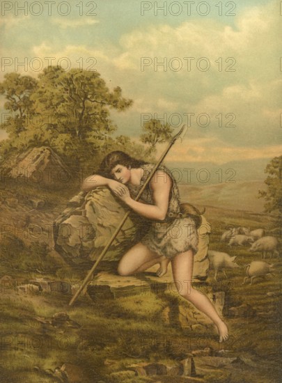 Biblical scene, Bible, The Prodigal Son. The parable of the prodigal son is a story told by Jesus in Luke 15, 11-32, about a father with two sons. The younger son demands his inheritance, squanders it and then returns humbly and penniless, illustration, reproduction from a model from the 19th century. Authentic, file restored for optimal use, exact date of submission unknown, historical