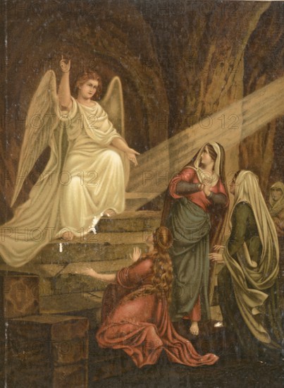 Biblical scene, Bible, The holy woman at the grave, the biblical witnesses of the Resurrection of Jesus, illustration, reproduction from a 19th century model. Authentic, file restored for optimal use, exact date of submission unknown, historical