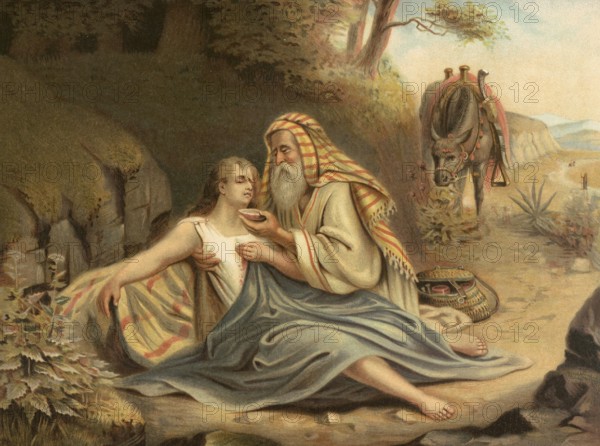 Biblical scene, Bible, The Good Samaritan, a member of the ethnic group that was despised by the Jews. He has compassion for the man, who could well be a Jew, and acts without hesitation, illustration, reproduction from a model from the 19th century. Authentic, file restored for optimal use, exact date of submission unknown, historical