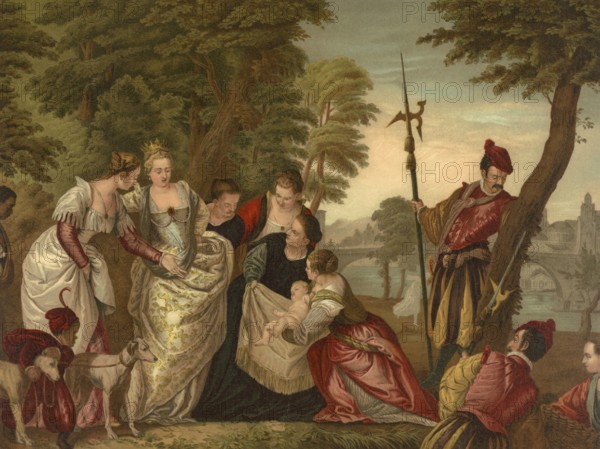 Biblical scene, Bible, The discovery of Moses, biblical story in which the Israelite boy Moses was abandoned in the Nile, found by the pharaoh's daughter and raised as a prince at the Egyptian court, illustration, reproduction from a 19th-century model. Authentic, file restored for optimal use, exact date of submission unknown, historical