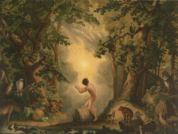 Biblical scene, Bible, The Creation of Adam, central scene from the Book of Genesis, in which God the Father creates the first man, Adam, illustration, reproduction from a 19th-century model. Authentic, file restored for optimal use, exact date of submission unknown, historical