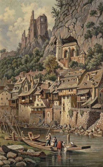 View of the rock church and castle ruins of Idar-Oberstein, Rhineland-Palatinate, Germany, based on a painting by Hubert Sattler (1817-1904), reproduction from a 19th-century model. Authentic, file restored for optimal use, exact date of original unknown