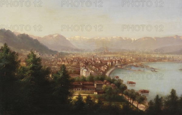 City view of Bregenz, Austria, based on a painting by Hubert Sattler (1817-1904), reproduction from a 19th century model. Authentic, file restored for optimal use, exact date of original unknown