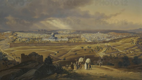 View of Jerusalem from the Mount of Olives, Israel, based on a painting by Hubert Sattler (1817-1904), reproduction from a 19th-century model. Authentic, file restored for optimal use, exact date of original unknown