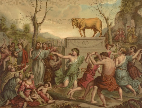 Biblical scene, Bible, Adoration of the Golden Calf, illustration, reproduction from a 19th century model. Authentic, file restored for optimal use, exact date of submission unknown, historical