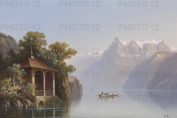 The Tell Chapel, Tell Chapel, on Lake Lucerne, Switzerland, based on a painting by Hubert Sattler (1817-1904), reproduction from a 19th-century model. Authentic, file restored for optimal use, exact date of original unknown