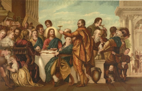 Biblical scene, Bible, wedding at Cana, illustration, reproduction from a 19th century model. Authentic, file restored for optimal use, exact date of submission unknown, historical