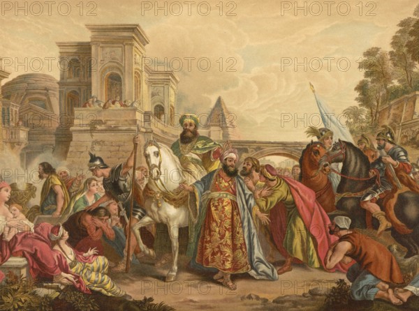 Biblical scene, Bible, The Triumph of Mordechai, illustration, reproduction from a 19th century model. Authentic, file restored for optimal use, exact date of submission unknown, historical