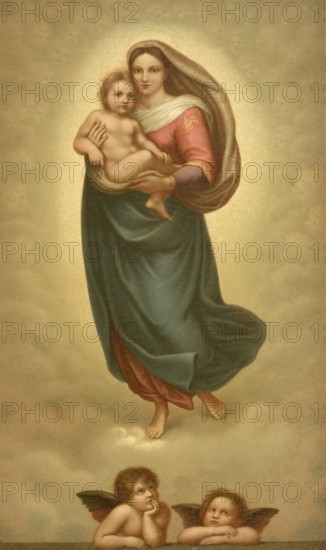 Biblical scene, Bible, The Sistine Madonna, illustration, reproduction from a 19th century model. Authentic, file restored for optimal use, exact date of submission unknown, historical
