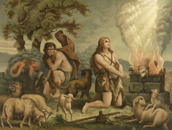 Biblical scene, Bible, The Sacrifice of Cain and Abel, illustration, reproduction from a 19th century model. Authentic, file restored for optimal use, exact date of submission unknown, historical