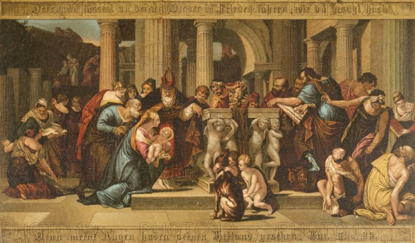 Biblical scene, Bible, The Presentation in the Temple, a central story from the Gospel of Luke, in which the parents of Jesus, Mary and Joseph, presented their son to the priest 40 days after his birth in the Temple of Jerusalem in order to fulfill the Jewish laws of purification and redemption of the firstborn, illustration, reproduction from a 19th-century model. Authentic, file restored for optimal use, exact date of submission unknown, historical