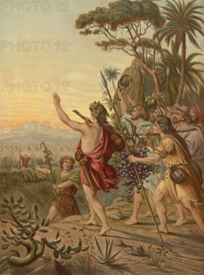 Biblical scene, Bible, people arrive in the land of Canaan. According to biblical tradition, the people of Israel reached Canaan after 40 years of desert migration from Egyptian slavery, illustration, reproduction from a model from the 19th century. Authentic, file restored for optimal use, exact date of submission unknown, historical