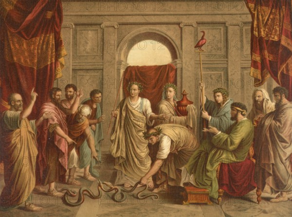 Biblical scene, Bible, The Miraculous Serpent, usually refers to the brazen serpent that Moses had made of copper or bronze at the command of God to heal the Israelites who were bitten by poisonous snakes, illustration, reproduction from a 19th-century model. Authentic, file restored for optimal use, exact date of submission unknown, historical