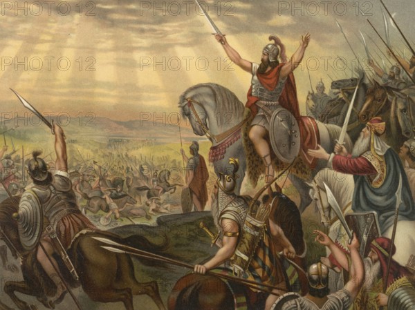 Biblical scene, Bible, The Miraculous Victory over the Amorites, refers to several battles in which the people of Israel defeated the Amorites under the leadership of Moses and later Joshua, illustration, reproduction from a 19th-century model. Authentic, file restored for optimal use, exact date of submission unknown, historical