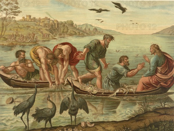 Biblical scene, Bible, The Miraculous Fishing, a parable about faith and trust in Jesus, the vocation of the disciples and the promise to become fishers of men, illustration, reproduction from a 19th-century model. Authentic, file restored for optimal use, exact date of submission unknown, historical