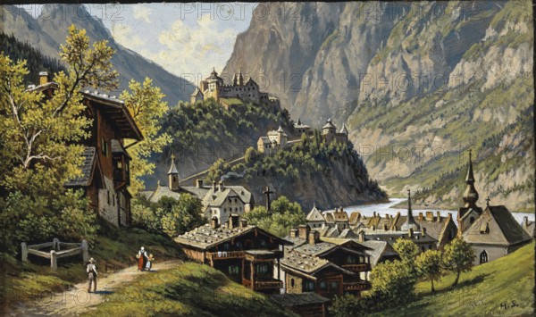 View of the town of Werfen in the province of Salzburg, Austria, based on a painting by Hubert Sattler (1817-1904), reproduction from a 19th-century model. Authentic, file restored for optimal use, exact date of original unknown
