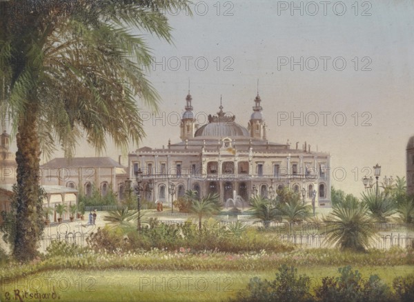 View of the casino in Monte Carlo, Monaco, based on a painting by Hubert Sattler (1817-1904), reproduction from a 19th century model. Authentic, file restored for optimal use, exact date of original unknown