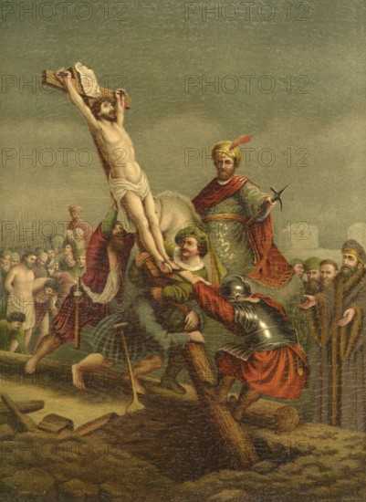 Biblical scene, Bible, Christ and the Crucifixion, a central event in Christianity that took place on Golgotha hill near Jerusalem, illustration, reproduction from a 19th-century model. Authentic, file restored for optimal use, exact date of submission unknown, historical