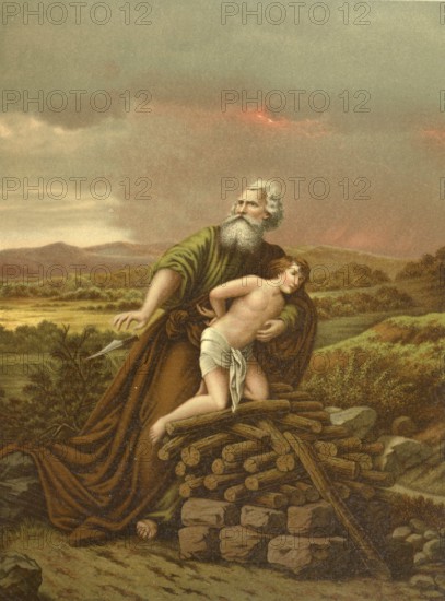 Biblical scene, Bible, Abraham's sacrifice, the test of his faith in which God commands him to sacrifice his son Isaac, illustration, reproduction from a 19th-century model. Authentic, file restored for optimal use, exact date of submission unknown, historical