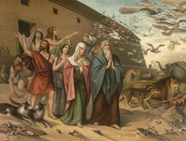 Biblical scene, Bible, Leaving the Ark after the Flood, illustration, reproduction from a 19th century model. Authentic, file restored for optimal use, exact date of submission unknown, historical