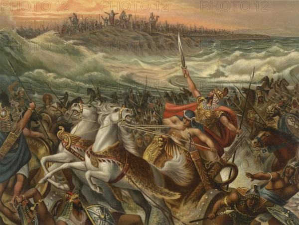 Biblical scene, Bible, liberation of the Israelites from the Red Sea, biblical story from the book of Exodus. She describes how Moses divides the sea so that the Israelites can flee on dry ground while the subsequent Egyptian army is engulfed by the backflowing waters, illustration, reproduction from a 19th-century model. Authentic, file restored for optimal use, exact date of submission unknown, historical