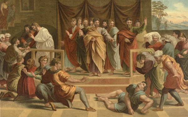 Biblical scene, Bible, The death of Ananias, Ananias is a New Testament person. The Acts of the Apostles reports that Ananias was a disciple of Jesus in Damascus, illustration, reproduction from a 19th-century model. Authentic, file restored for optimal use, exact date of submission unknown, historical