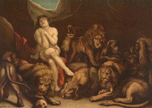 Biblical scene, Bible, Daniel in the lion's den, biblical story in which the prophet Daniel is thrown into a lion's den by jealous courtiers because he refuses to obey a new law that only allows the king to pray, illustration, reproduction from a 19th-century model. Authentic, file restored for optimal use, exact date of submission unknown, historical