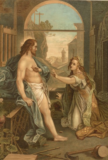 Biblical scene, Bible, Jesus appears to Mary Magdalene on Easter morning as she cries sadly at the empty tomb, illustration, reproduction from a 19th-century model. Authentic, file restored for optimal use, exact date of submission unknown, historical
