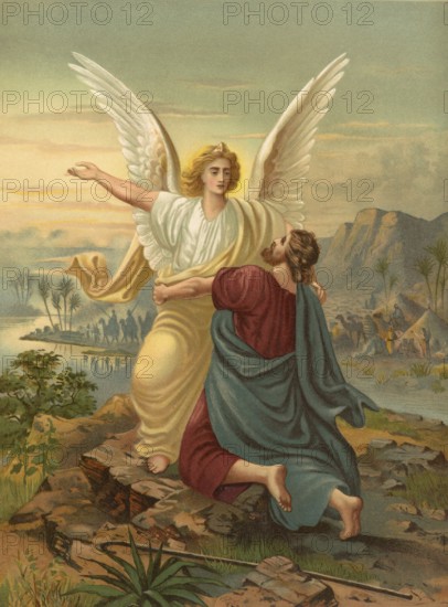 Biblical scene, Bible, Jacob wrestling with the angel of the Lord, Jacob's fight at the Jabbok is a biblical story, illustration, reproduction from a 19th-century model. Authentic, file restored for optimal use, exact date of submission unknown, historical