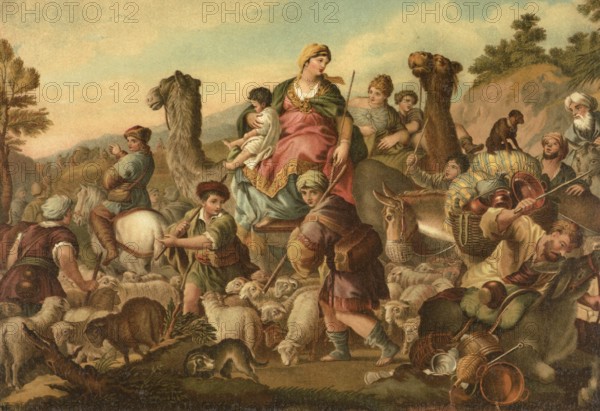 Biblical scene, Bible, Jacob's Flight, refers to the biblical story in which Jacob must flee from his brother Esau because Esau wants to kill him, illustration, reproduction from a 19th-century model. Authentic, file restored for optimal use, exact date of submission unknown, historical