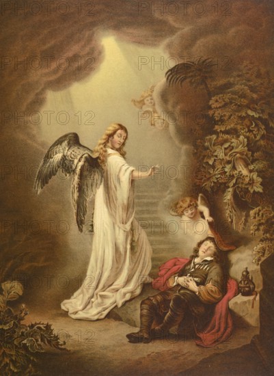 Biblical scene, Bible, Jacob's dream, angels climb up and down these stairs, and God speaks to Jacob, assuring him of his presence and the fulfillment of the promises that he will give him and his descendants the land and bless them, illustration, reproduction from a 19th-century model. Authentic, file restored for optimal use, exact date of submission unknown, historical
