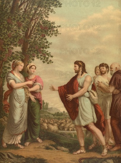 Biblical scene, Bible, Jacob, Leah and Rachel are central figures of the biblical narrative in the book of Genesis. Jakob first married Leah, the older sister, after seven years of service with her father Laban, but was replaced by Leah on the wedding night, illustration, reproduction from a 19th-century model. Authentic, file restored for optimal use, exact date of submission unknown, historical